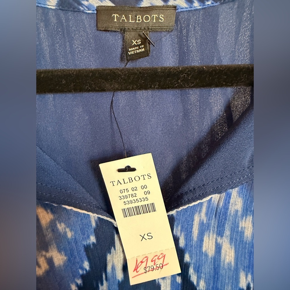 Talbots Blue Geometric Tie Neck Blouse Women’s size XS - Picture 7 of 8
